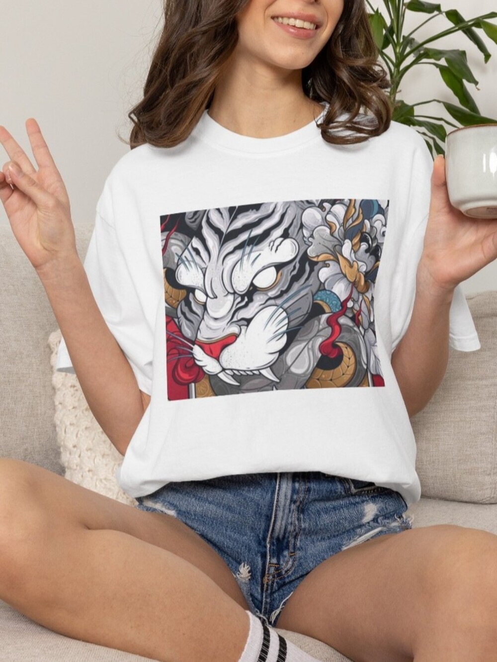 White Tiger Graphic Tee with Red and Gold Accents
